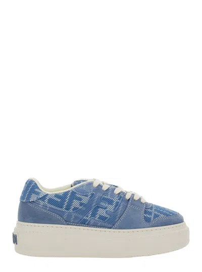 FENDI FENDI WOMEN 'MATCH' BLUE SNEAKER WITH ALL-OVER FF MOTIF AND PLATFORM IN LEATHER AND FABRIC WOMAN