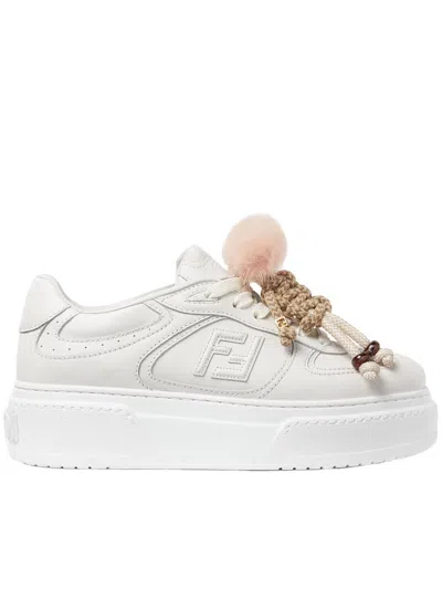 Fendi Platform Sole Sneakers Round Toe Embellished Design In White