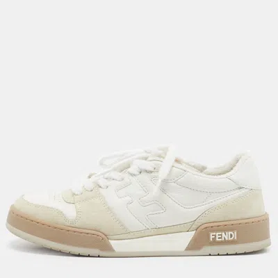 Pre-owned Fendi Match Size 39 White/beige Leather And Suede Lace Up Sneakers