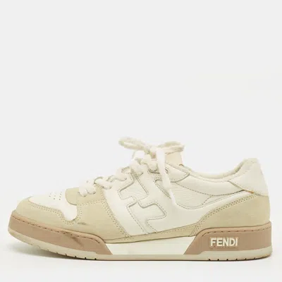 Pre-owned Fendi Match Size 42 Cream/grey Leather And Suede Lace Up Sneakers In White
