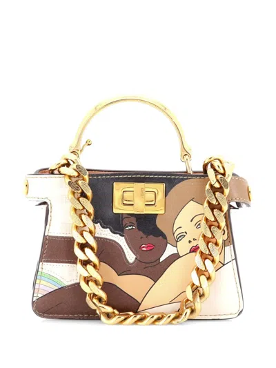 Pre-owned Fendi Maxi Handle Peekaboo Bag Zucca Coated Canvas With Inlay Leather Nano Satchel In Neutral