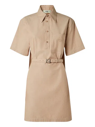 Fendi Mc Chambray Camel Short Dress In Brown