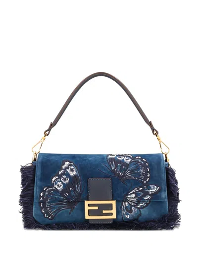 Fendi Medium Baguette Denim Butterfly-motif Shoulder Bag In Blue