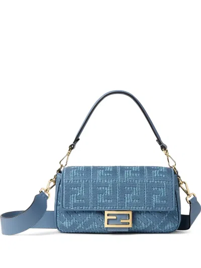 Fendi Baguette Bag In Woven Raffia With Blue Ff Embroidery In White