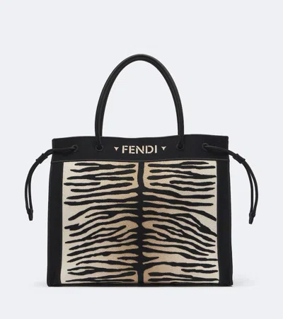 Fendi Medium Embroidered Tiger-print Shopper In Beige