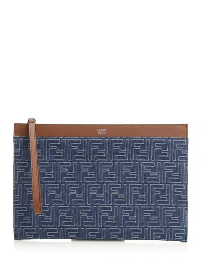 Fendi Medium Ff Flat Pouch Small Leather Goods Blue