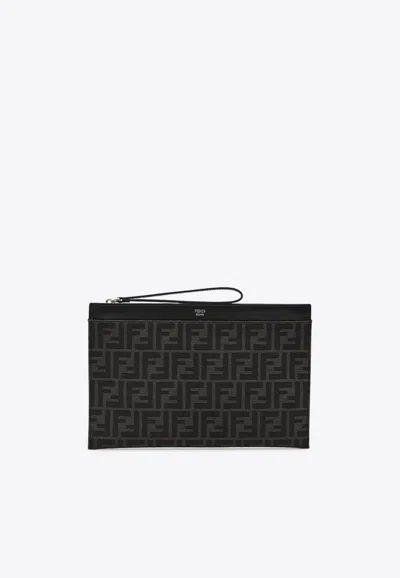 Fendi Medium Ff Jacquard Flat Pouch In Black