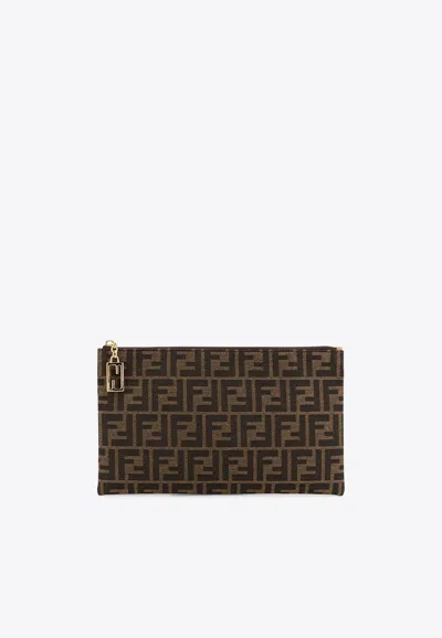 Fendi Medium Ff Jacquard Zip Pouch In Brown