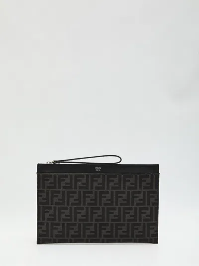 Fendi Medium Flat Pouch In Ff Jacquard In Black