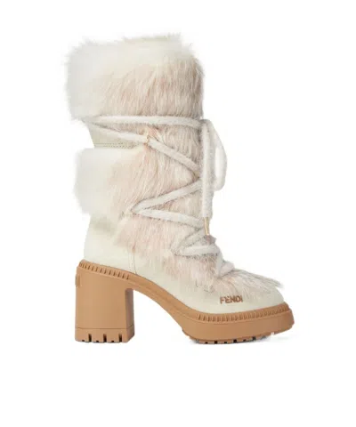 Fendi Medium-heeled Boots In White Shearling And Suede