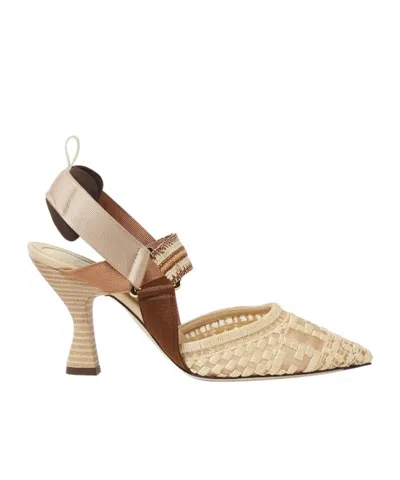 Fendi Medium-heeled Mesh Slingbacks With Raffia Ff Embroidery In Beige