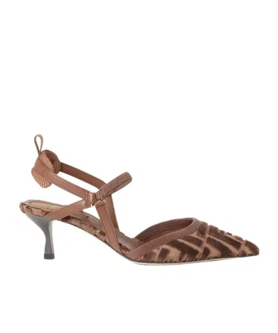 FENDI MEDIUM-HEELED SLINGBACKS IN BROWN FF FABRIC