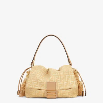 Fendi Medium Mamma Baguette Bag In Beige Jacquard Ff With Raffia