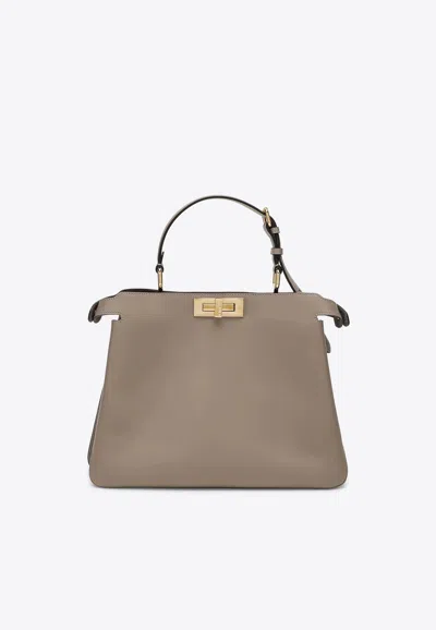 Fendi Medium Peekaboo Soft Leather Shoulder Bag In Gray