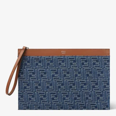 Fendi Medium Pouch In Jacquard Ff Blue Denim Effect And Brown Leather Men