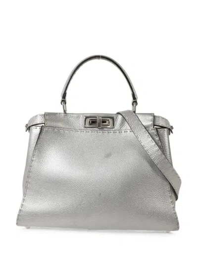 Pre-owned Fendi Medium Selleria Peekaboo Tote Bag In Silver