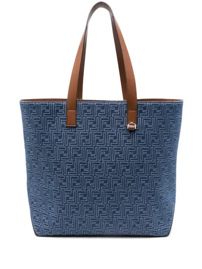 Fendi Medium Shopping Bag In Blue Denim-effect Ff Jacquard