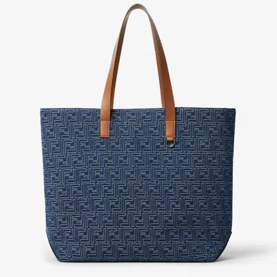 Fendi Medium Shopping Bag In Blue Denim-effect Ff Jacquard Men