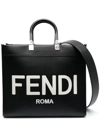 Fendi Medium Sunshine Leather Tote Bag In Black