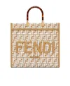 Fendi Raffia Shopper Bag With White Tapestry Fabric Ff Motif In Nude