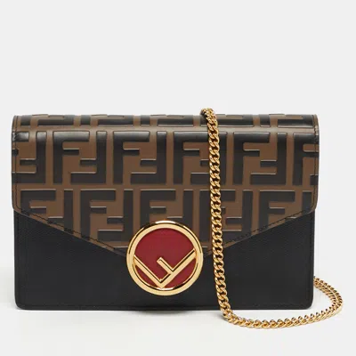 Pre-owned Fendi Medium Zucca Black/brown Leather Wallet On Chain