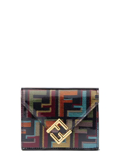 Fendi Medium-sized Geometric Flap Tri-fold Wallet With Diagonal Logo In Multi