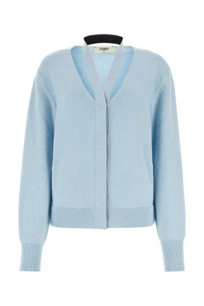 Fendi Light-blue Wool Blend Cardigan With Deep V Neckline