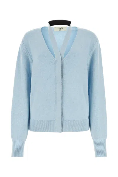 FENDI MELANGE PASTEL LIGHT-BLUE STRETCH WOOL BLEND CARDIGAN