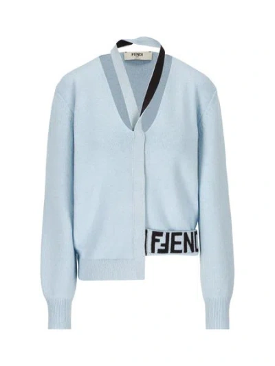 Fendi Melange Pastel Light-blue Stretch Wool Blend Cardigan