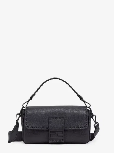 Fendi Men Baguette Leather Shoulder Bag With Selleria Stitchings In Black