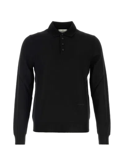 Fendi Men's Basic Fine Merino Polo Shirt In Black