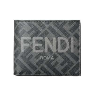 Pre-owned Fendi Men's Black & Gray Logo Print Textured 100% Leather Bifold Wallet