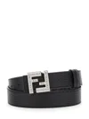 Fendi Men Black Belt With Metallic Ff Logo Plate On The Front And Ff Interior Motif In Hammered Leat In Black