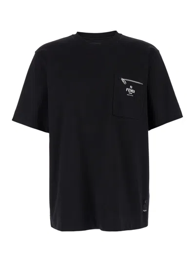Fendi Men Black Crewneck T-shirt With Logo Print On The Front In Cotton Man