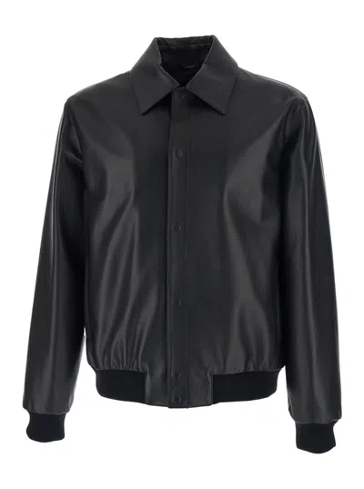 Fendi Men Black Jacket With Classic Collar And Logo Lettering On The Rear In Leather Man In Multi