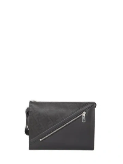 Fendi Men's Black Leather Clutch With Diagonal Design And Detachable Handle