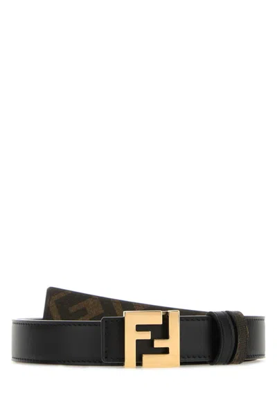 Fendi Men Black Leather Ff Squared Reversible Belt In Gold