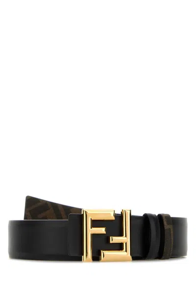 Fendi Men Black Leather Squared Ff Reversible Belt