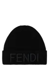Fendi Men Black Beanie With Maxi Logo Lettering On Front In Wool Man In Black