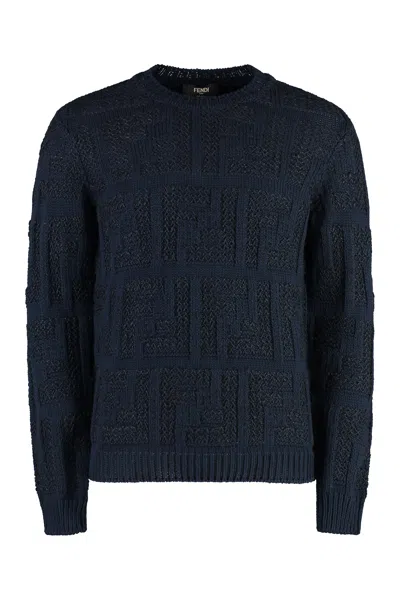 Fendi Men's Blue Cotton Blend Ribbed Crew-neck Sweater