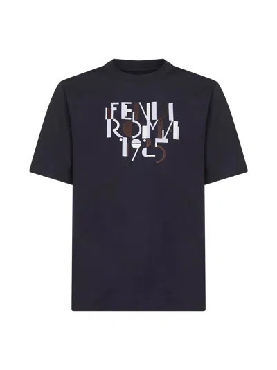 FENDI FENDI MEN BLUE COTTON FENDI ROMA 1925 PRINTED T-SHIRT