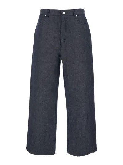 Fendi Men Blue Five-pocket Jeans In Linen And Cotton Blend Woman In Gray