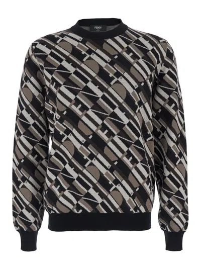 Fendi Men Brown Crewneck Sweater With All-over Geometric Motif In Wool Man In Multi