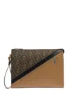 Fendi Men Brown Flat Pouch With Leather Diagonal Insert Man  In Brown