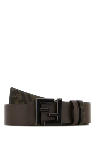 Fendi Men Brown Leather Squared Ff Reversible Belt