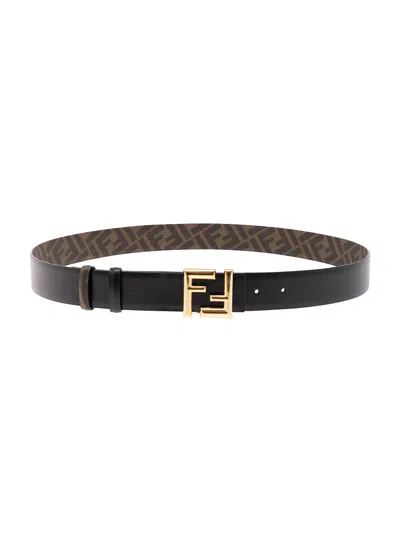 Fendi Men Brown Reversible Belt With Ff Buckle In Smooth Leather Man In Black