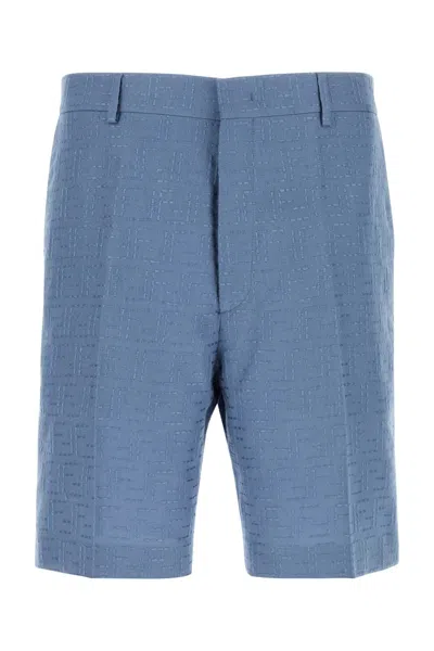 FENDI FENDI MEN CERULEAN BLUE LINEN BLEND BERMUDA SHORTS