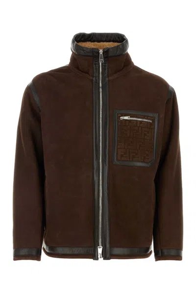 Fendi Luxurious Monochrome High Neck Oversized Zip-up Jacket For Men In Brown