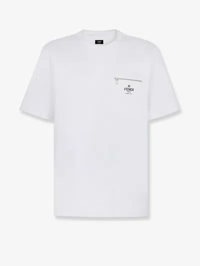 Fendi Men White Crewneck T-shirt With Log Print On The Front In Cotton Man
