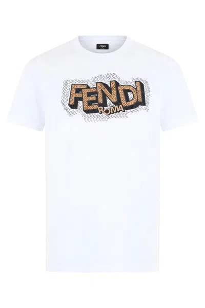 Fendi Cotton T Shirt Rhinestone Graphic Print In White